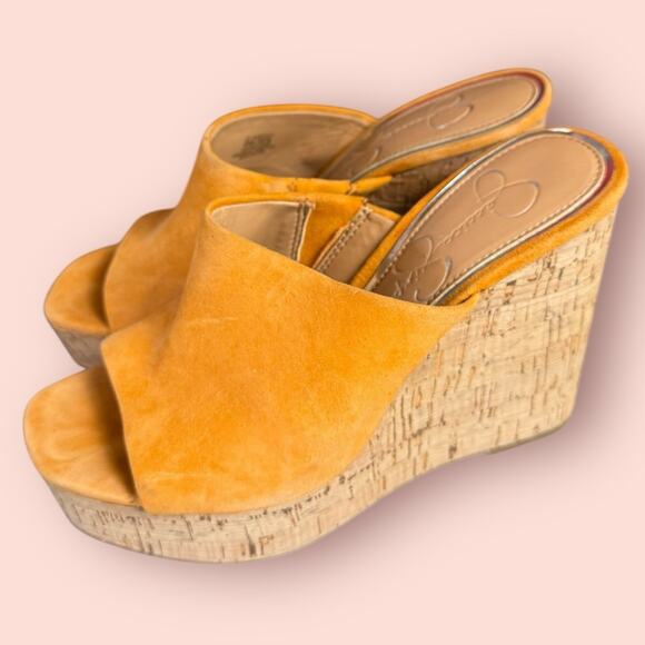 JESSICA SIMPSON Cork WEDGE OPEN TOE HIGH HEELS MULES Sz 6 Platform Burnt Orange - Picture 1 of 3